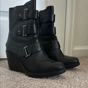 Sorel Black Wedge Boots with Buckle Detail